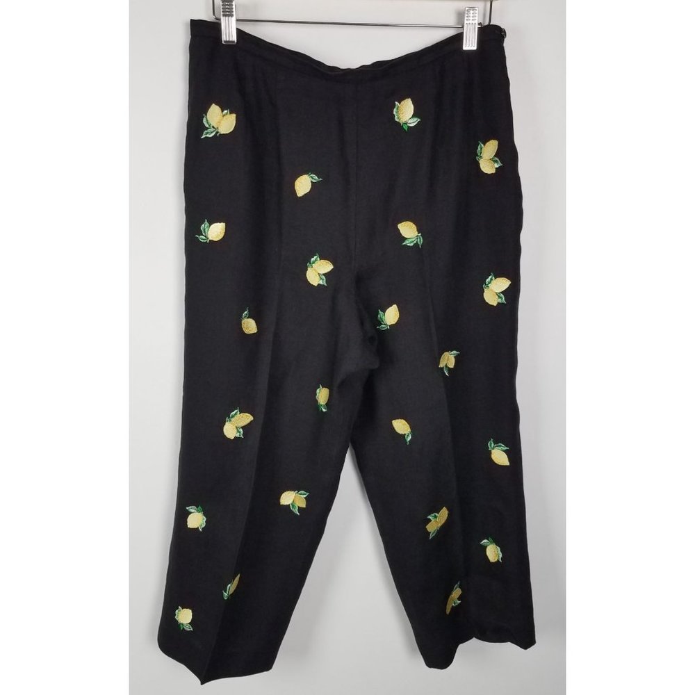 Talbots Petites Women's Sz. 14 Black Irish Linen Lemon Embroidered Pants